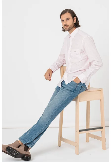 Памучна риза с десен - Бял/Светлорозов