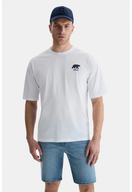 Памучна тениска Alves с овално деколте - Бял