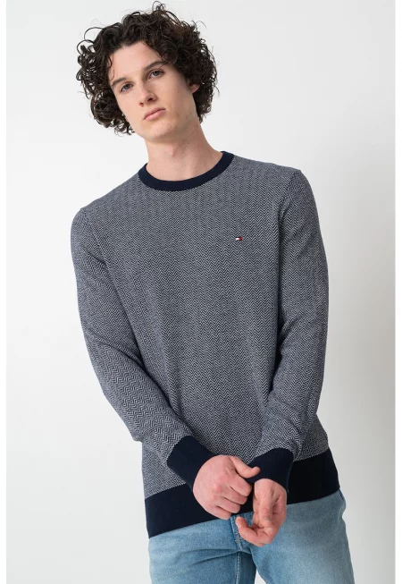 Пуловер с органичен памук с десен - Бял/Ултрамарин синьо