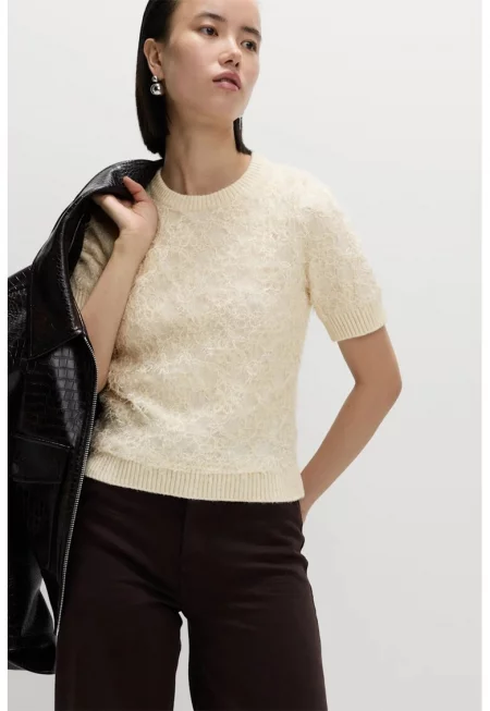 Пуловер с вълна с дантела - Слонова кост
