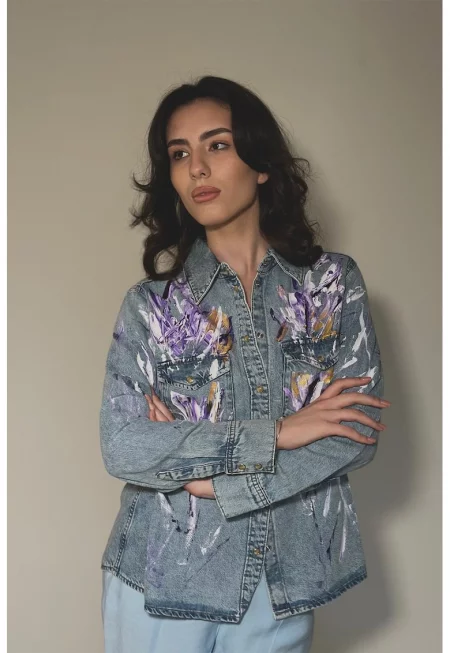 Ръчно оцветена дънкова риза - Виолетов/Прашно синьо