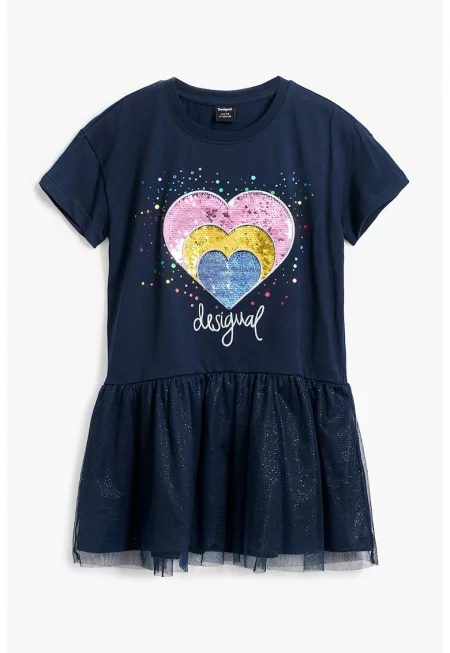 Разкроена рокля с памук - Тъмносин