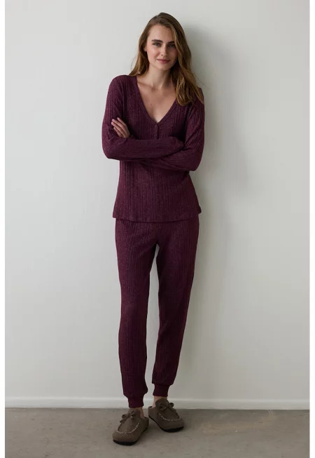 Рипсена пижама с шпиц - Тъмновиолетов