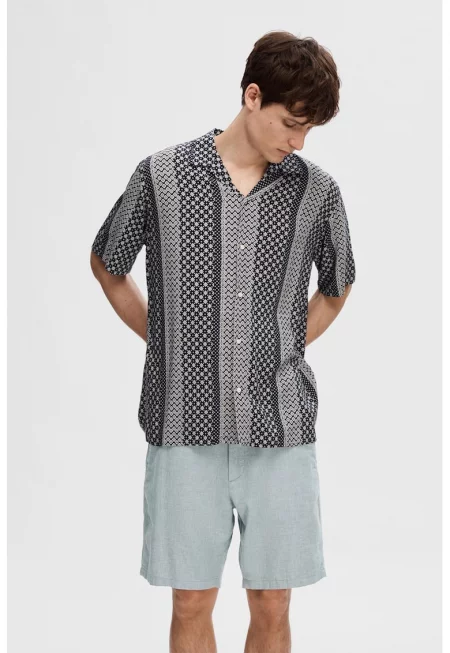 Риза с десен и къси ръкави - Бял/Тъмносин