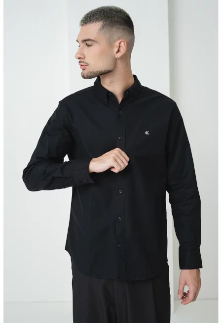 Риза с памук с копчета на яката - Черен