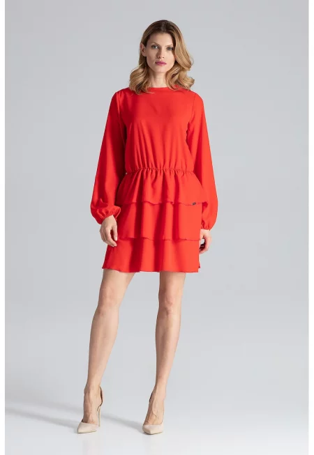 Рокля  червена - елегантна - с волани - полиестер