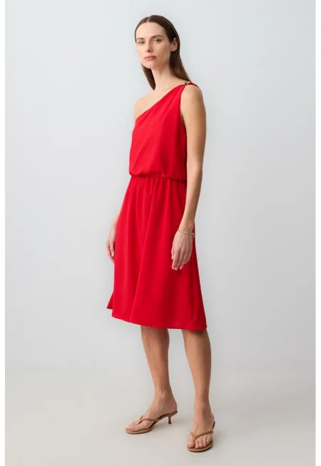 Рокля с едно рамо и еластична талия - Червен