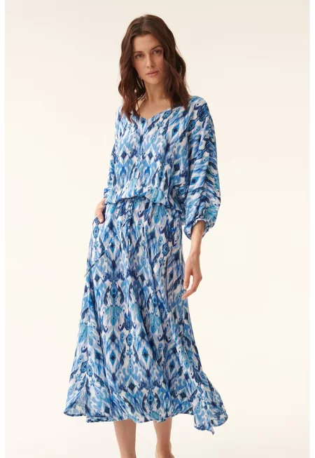 Рокля с фигурална шарка - Бял/Син