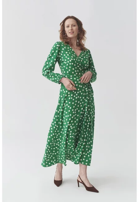 Рокля със застъпен дизайн и точки - Бял/Зелен