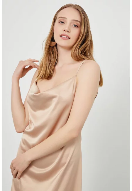 Сатенена миди рокля - 56465 - Светло бежово