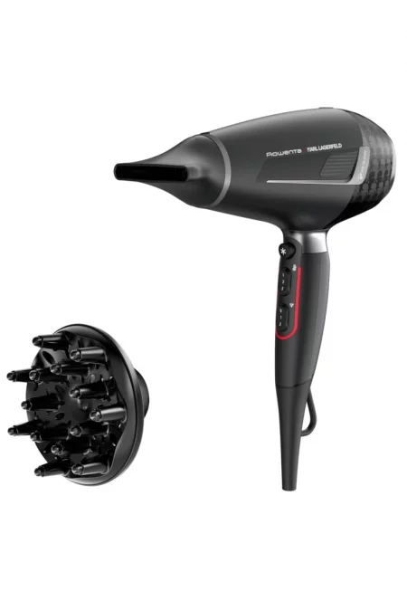Сешоар  x Karl Lagerfeld Pro Stylist  - 2200W - Tehnologia Rowenta Air-to-Care - Покритие Keratin & Glow - 3 аксесоара - Струя студен въздух - Кабел 1.8 м - Черен/ Сив