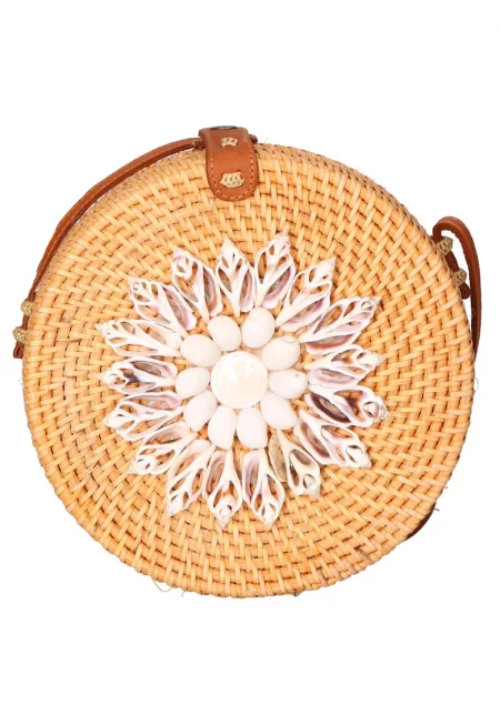 Сламена чанта през рамо - Карамел/Мръснобял