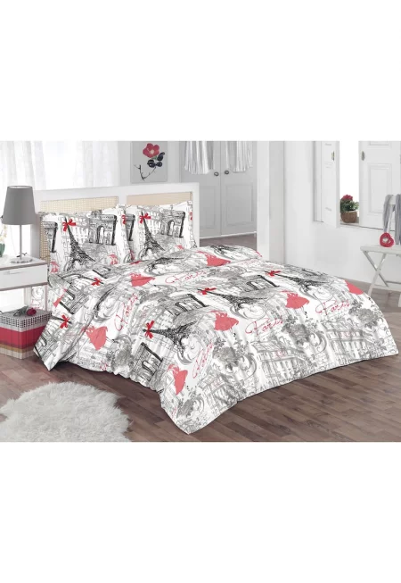 Спален комплект (чаршаф + плик за завивка + 2 калъфки за възглавница) за легло с размери 160x200 см - 132TC - 100% памук - Сив/Червен