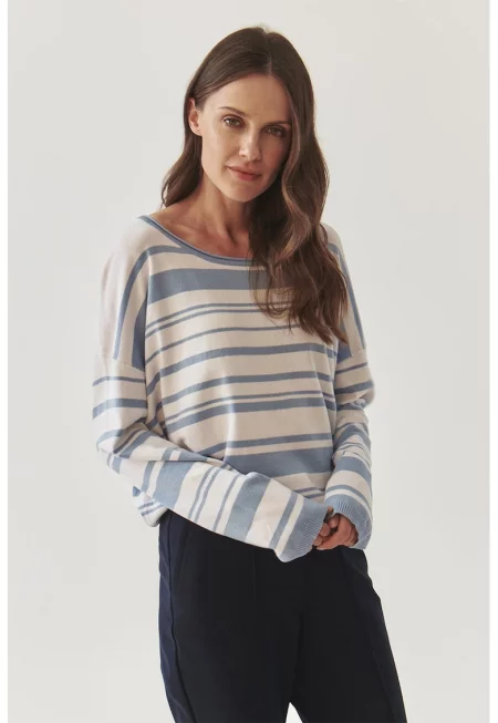 Свободен пуловер Strippi с лиосел - Бял/Лавандула