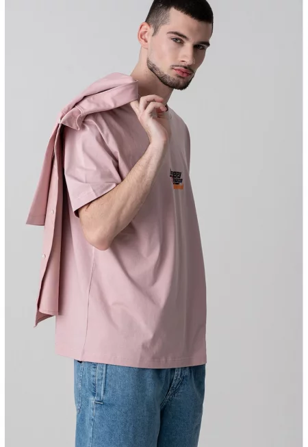 Тениска с лого и овално деколте - Прашно розово