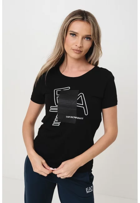 Тениска с овално деколте и лого - Бял/Черен