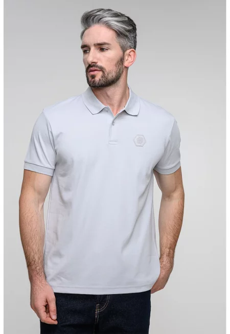 Тениска с яка и лого - Светло сив