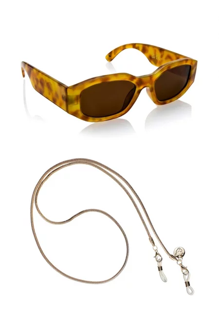 Унисекс правоъгълни слънчеви очила с верижка - Канелено кафяво