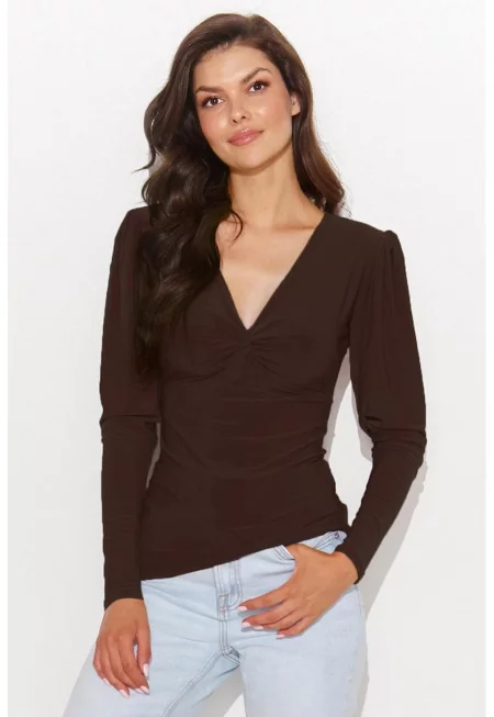 Вталена блуза с V-образно деколте и буфан ръкави