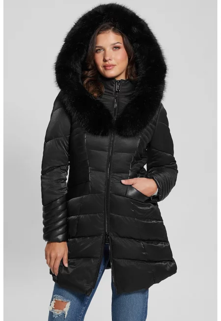 Вталено капитонирано зимно яке с качулка и еко пух - Черен