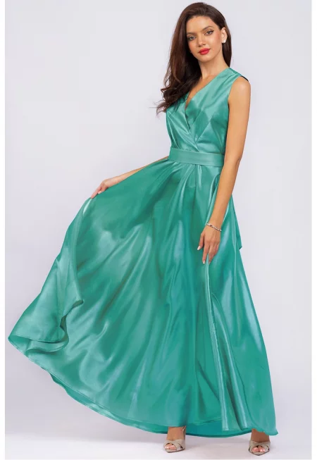 Дълга рокля без ръкави с джобове - Ментово зелено