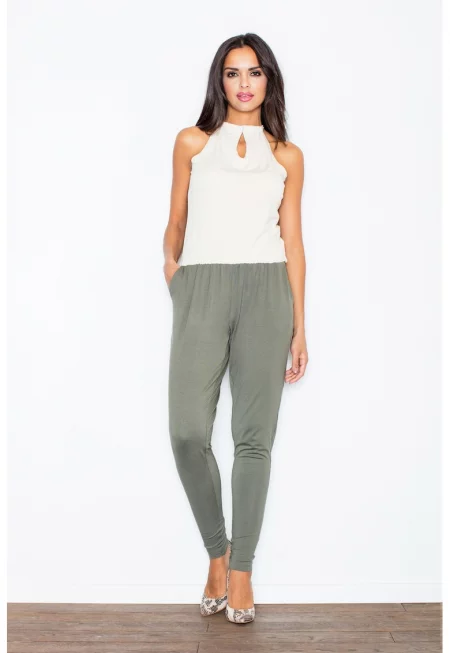 Дамски гащеризон -  с джобове - без ръкави - полиестер - маслиненозелен