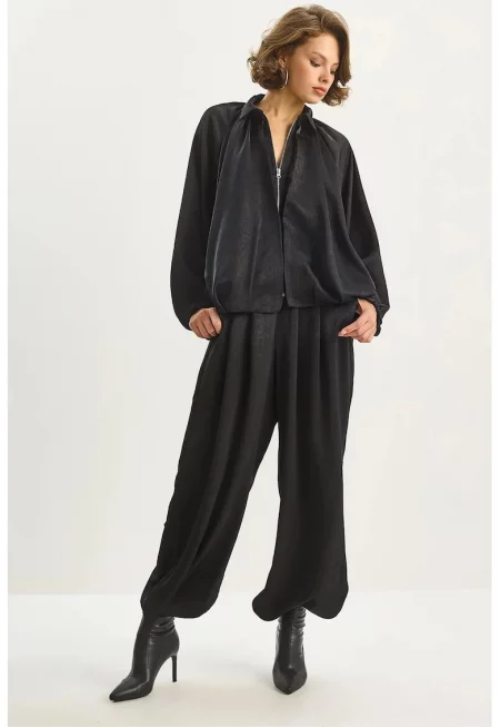 Дамски комплект HiCCUP - уголемена поло тениска - панталон с висока талия - черен - текстил