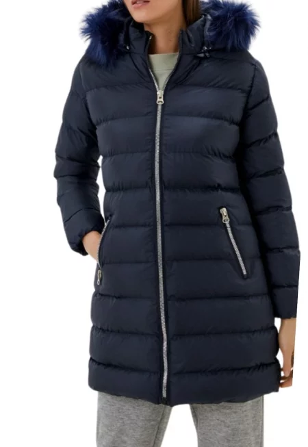 дамско ватирано яке - полиестер - тъмносиньо - със сваляща се качулка -