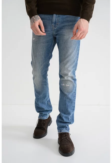 Дънки с миди талия и захабен ефект - Светлосин меланж