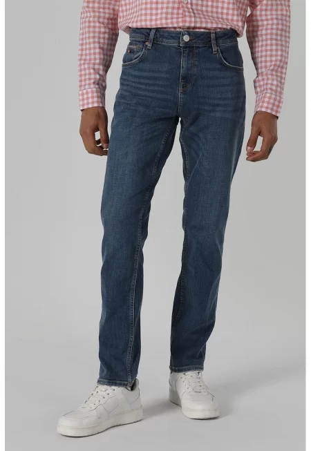 Дънки със средновисока талия и контрастни шевове - Тъмносин