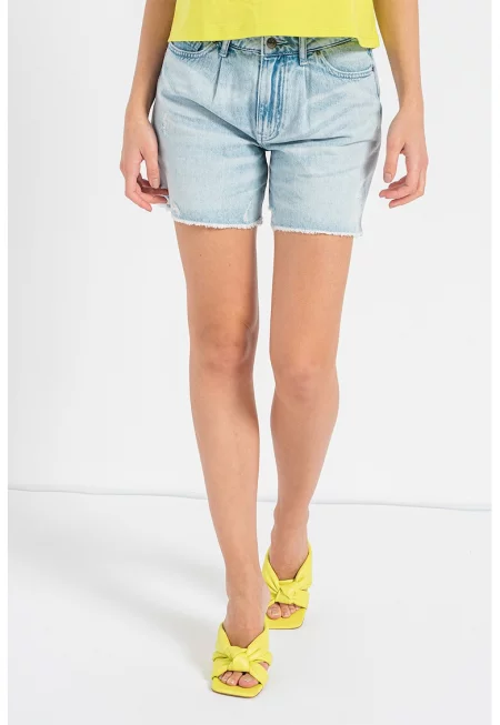 Дънков къс панталон с незавършени краища - Светлосин