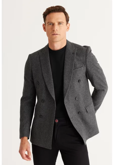 Двуредно сако с вълна - Меланж тъмно сиво