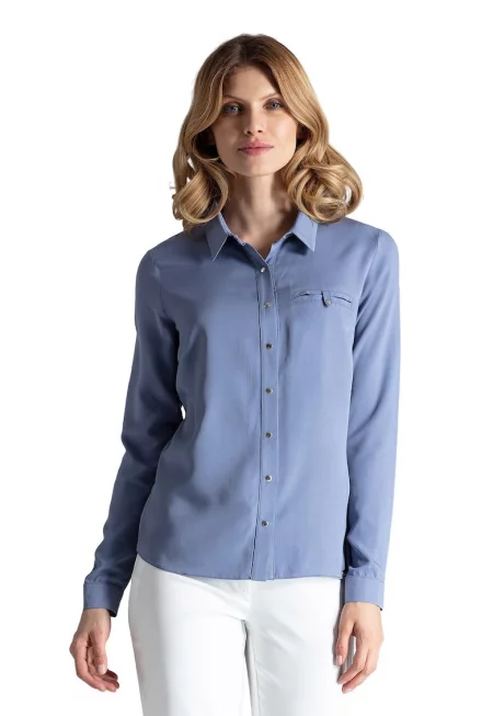 Елегантна дамска риза  M581 - синя - вискоза - дълъг ръкав -