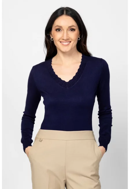 Фино плетен слим пуловер Hofli с шпиц - Тъмносин