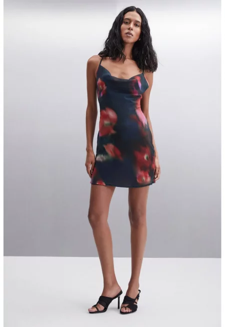 Флорална къса рокля - Червен/Розово/Син