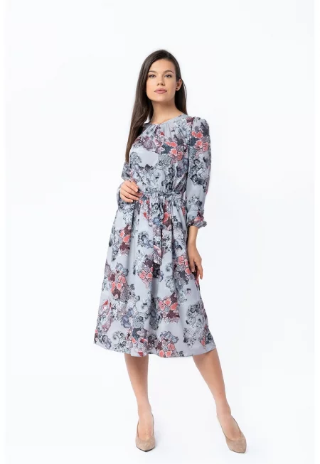 Флорална миди рокля с принт - Сив/Керемидено червено