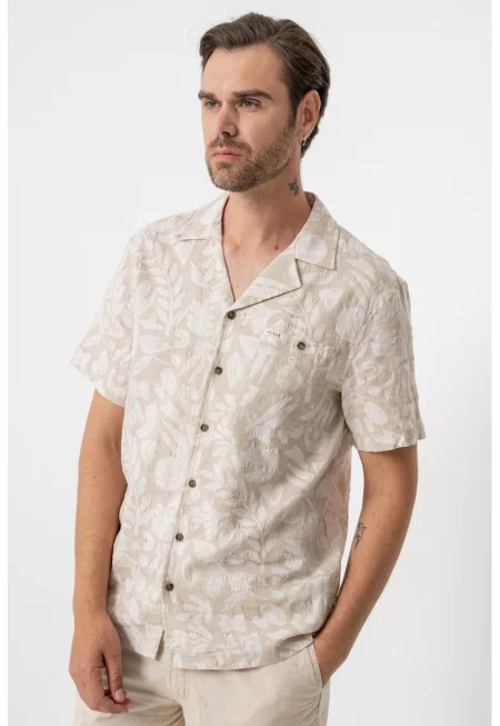 Флорална риза с лен - Слонова кост/Бежов