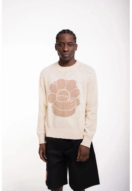Извънгабаритен пуловер с флорален принт - Бежов