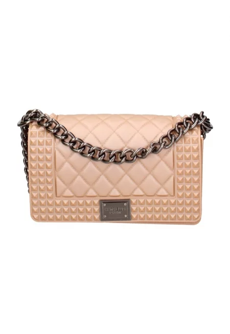 Капитонирана чанта през рамо с презрамка-верижка с протектор - Светлорозов/Tъмносив