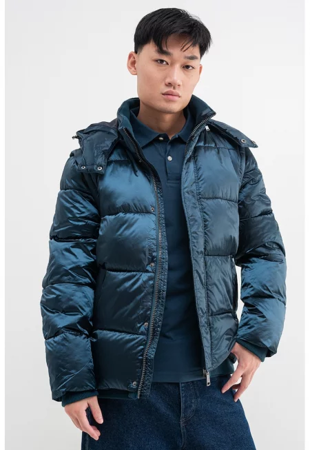 Капитонирано зимно яке с качулка - Петролно синьо