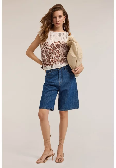 Къса блуза без ръкави - Кафяв/Крем