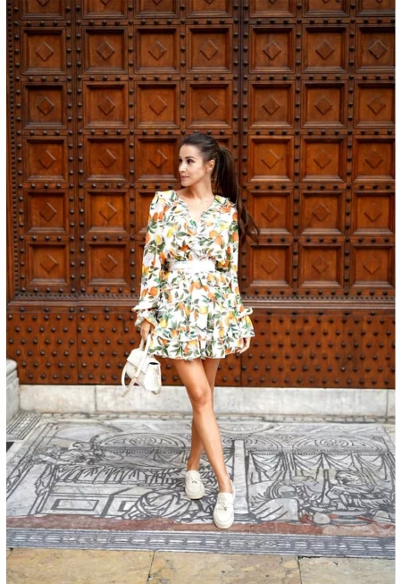 Къса рокля с коприна и принт - Бял/Зелен/Жълт