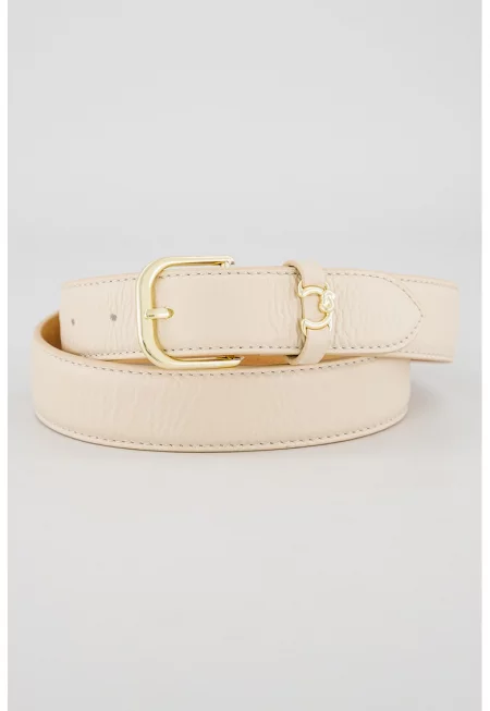 Кожен колан с метална тока - Светло бежово