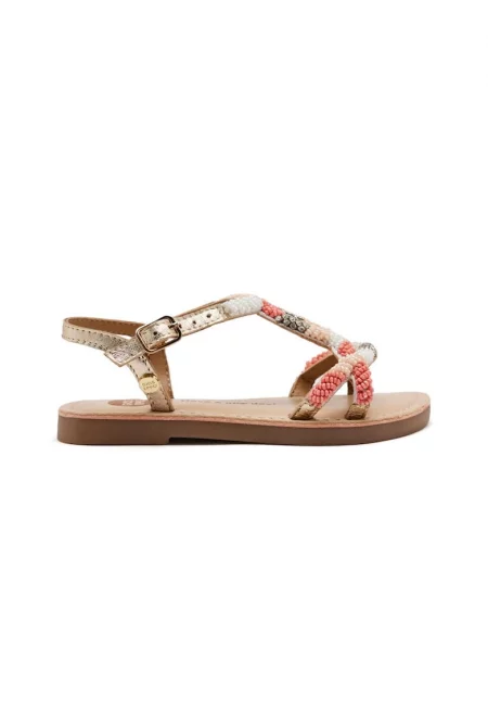 Кожени сандали с декоративни камъни и мъниста - Златист