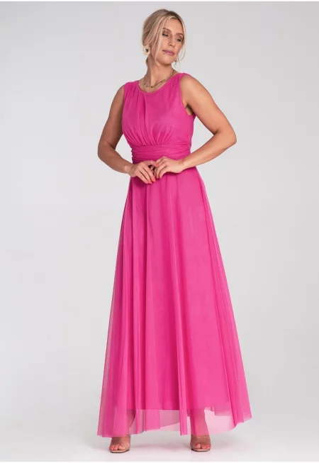 Макси вечерна рокля -  без ръкави - мрежеста материя - фуксия - SM