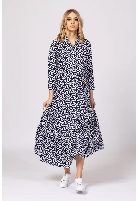 Миди рокля-риза Valida с флорален десен - Бял/Тъмносин
