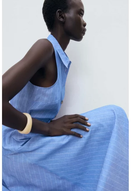 Миди рокля с лен - Бял/Светлосин