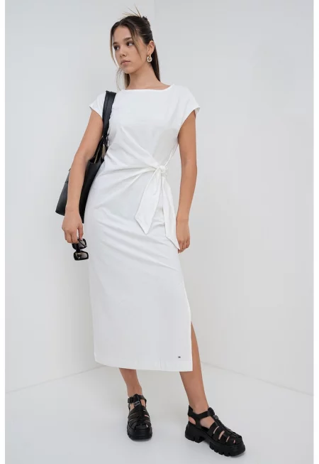 Миди рокля с възел - Мръснобял