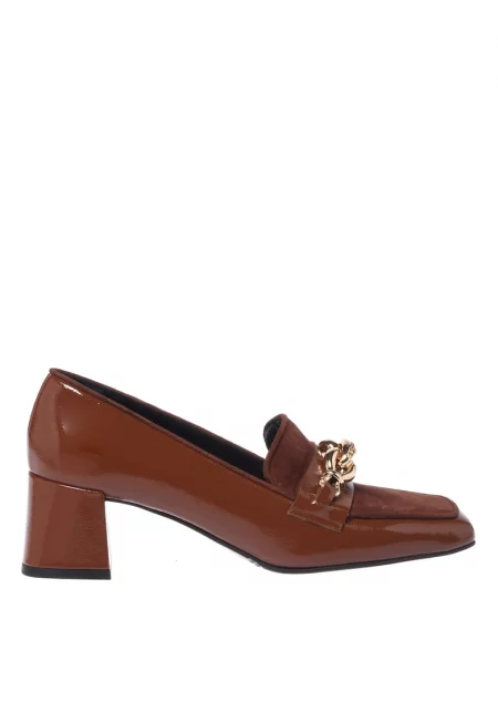 Обувки от велур и кожа с квадратен връх - Кафяв