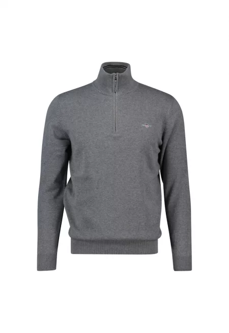 Памучен пуловер с къс цип - Сив